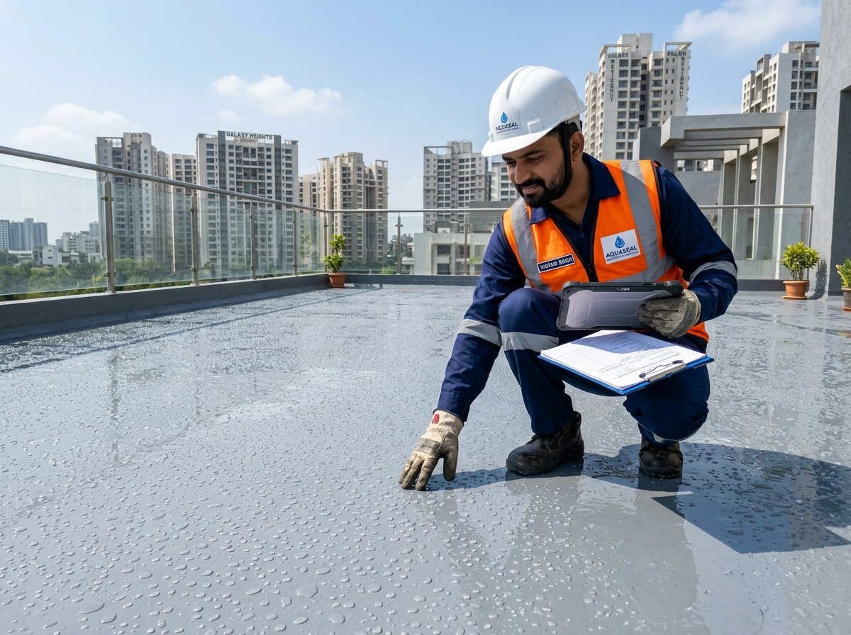 Certified waterproofing engineer inspecting seamless protective terrace coating with water beading in Pune