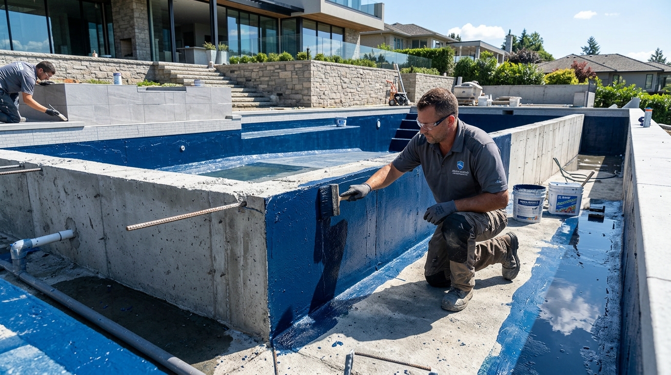 Swimming pool concrete shell waterproofing and pressure injection grouting